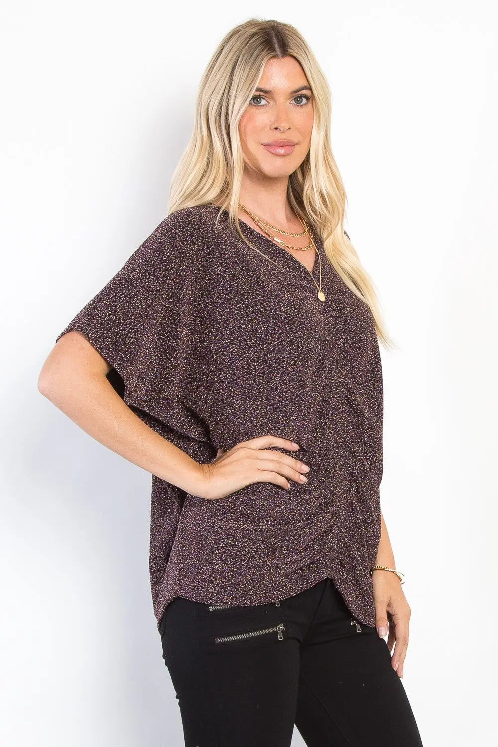 Be Stage Full Size Lurex Center Elastic Cinched Knit Top-Very Besty