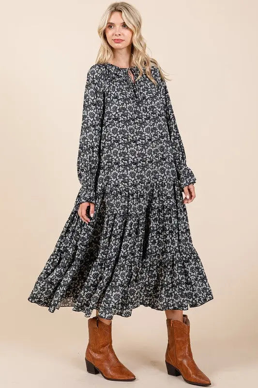 Mittoshop Printed Tie Neck Flounce Sleeve Midi Dress-Very Besty