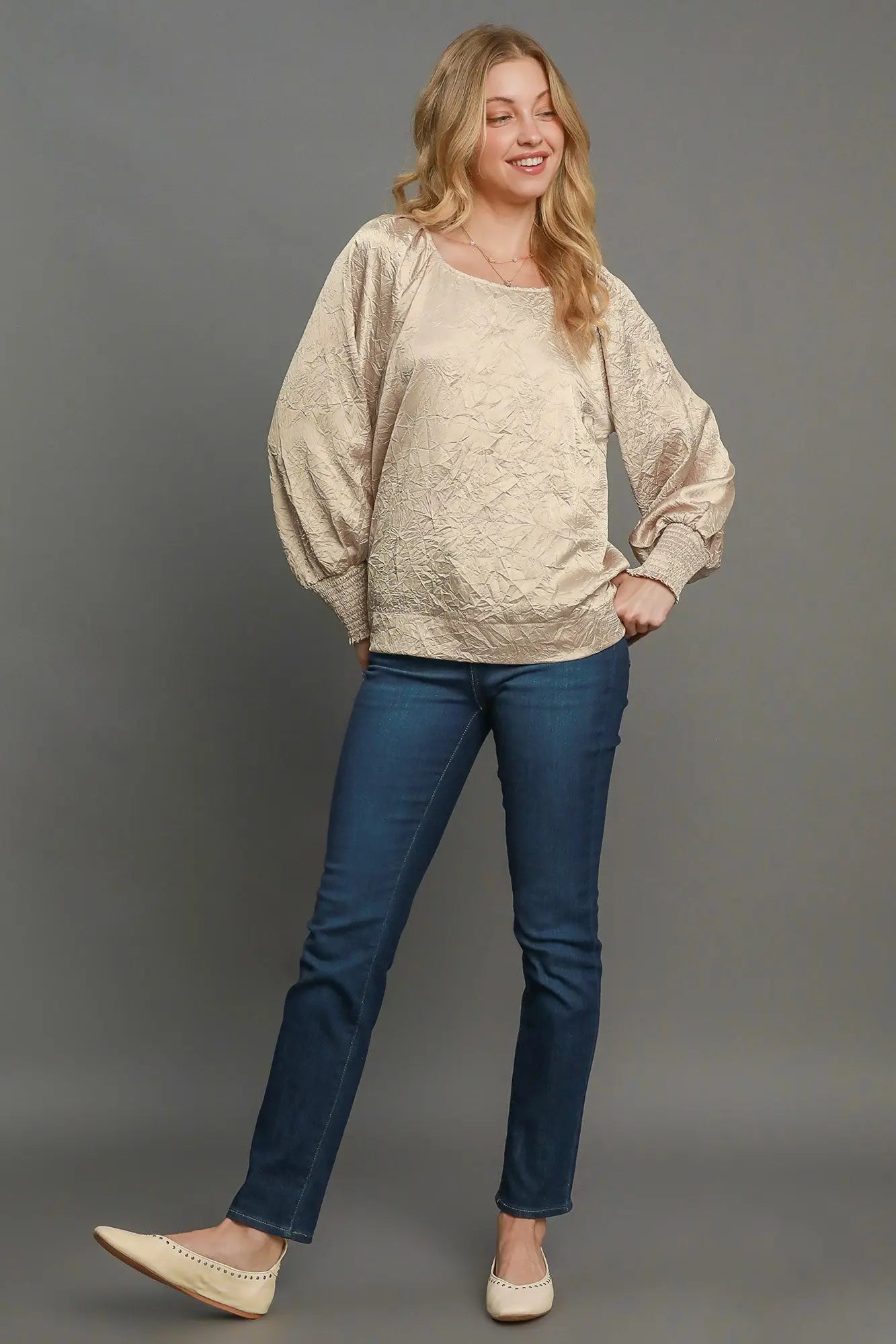 Umgee Wrinkled Round Neck Lantern Sleeve Blouse-Very Besty