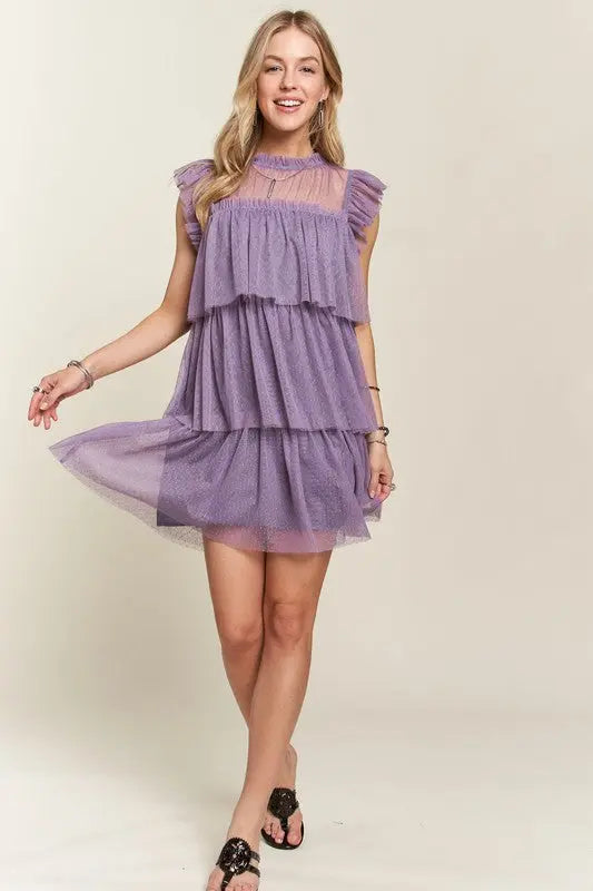 ADORA Layered Ruffled Cap Sleeve Mesh Dress-Very Besty