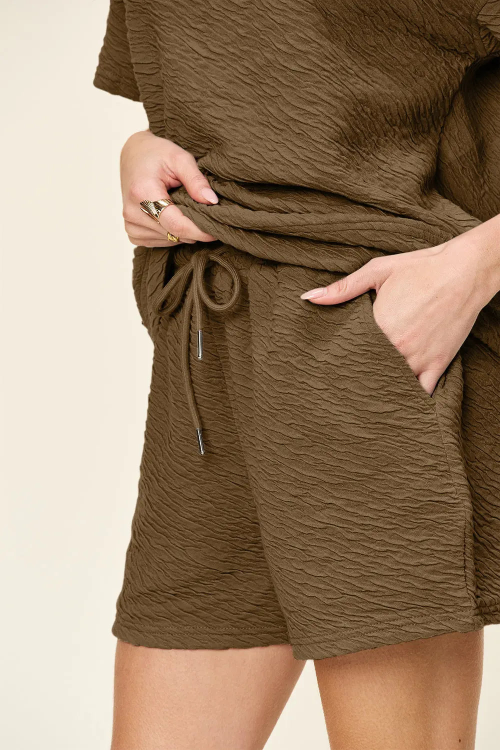 Double Take Full Size Texture Short Sleeve T-Shirt and Drawstring Shorts Set-Very Besty