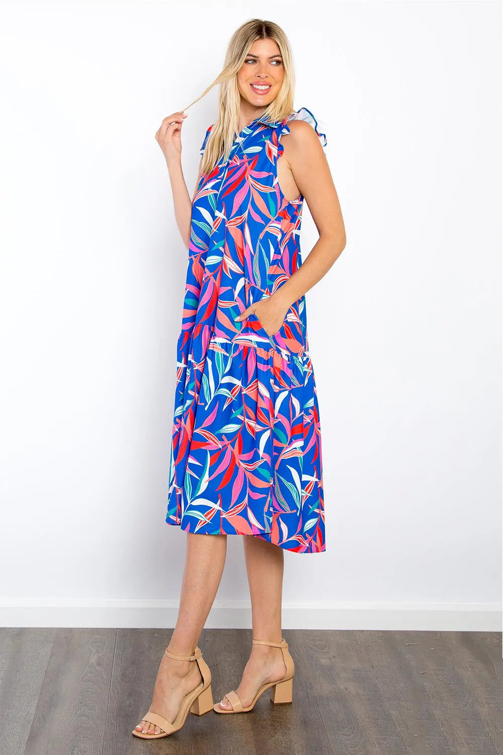Be Stage Print Ruffled Midi Dress with Pockets-Very Besty