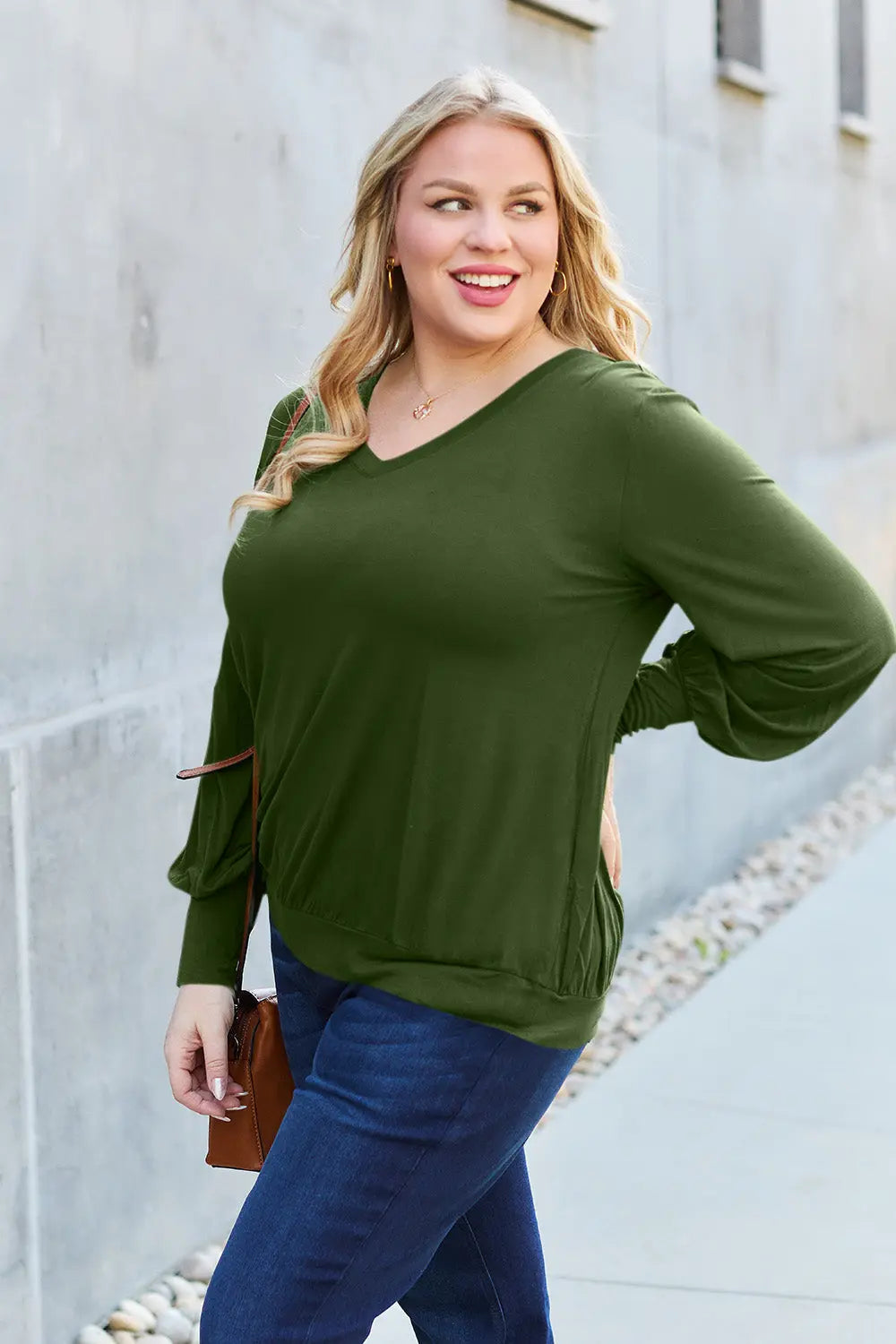 Basic Bae Full Size V-Neck Lantern Sleeve Top-Very Besty