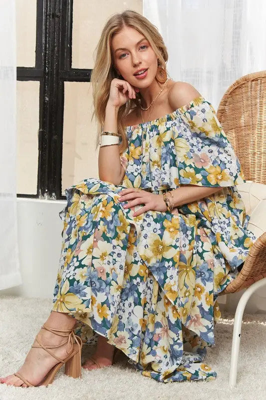ADORA Layered Floral Off-Shoulder Short Sleeve Maxi Dress-Very Besty