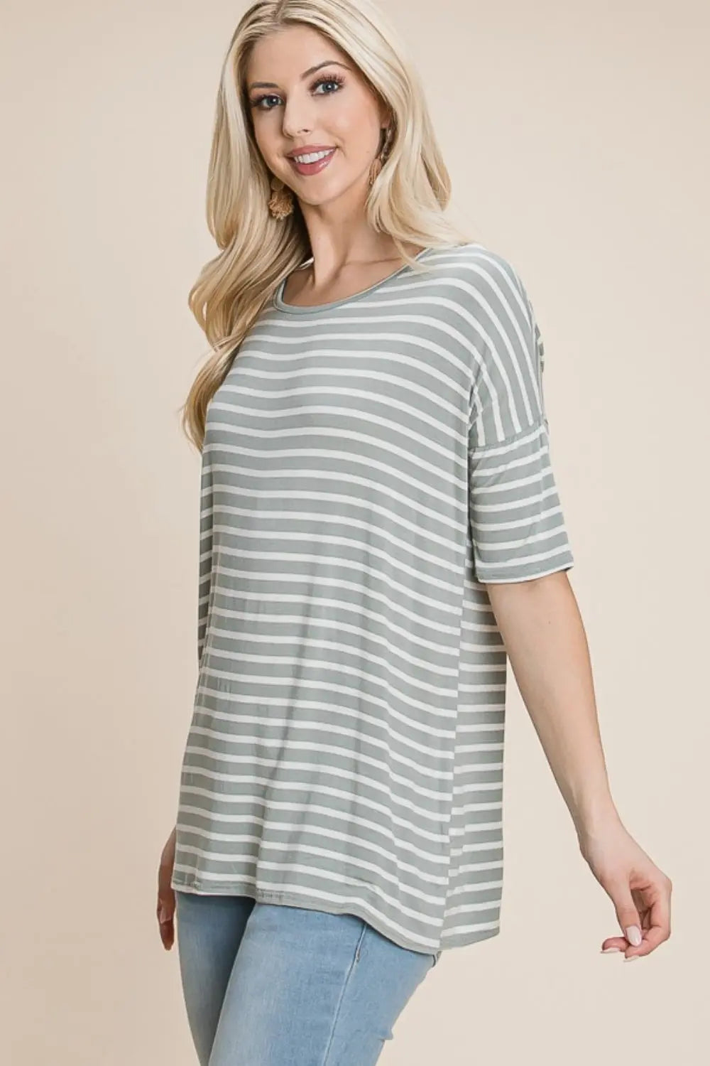 BOMBOM Striped Round Neck T-Shirt-Very Besty