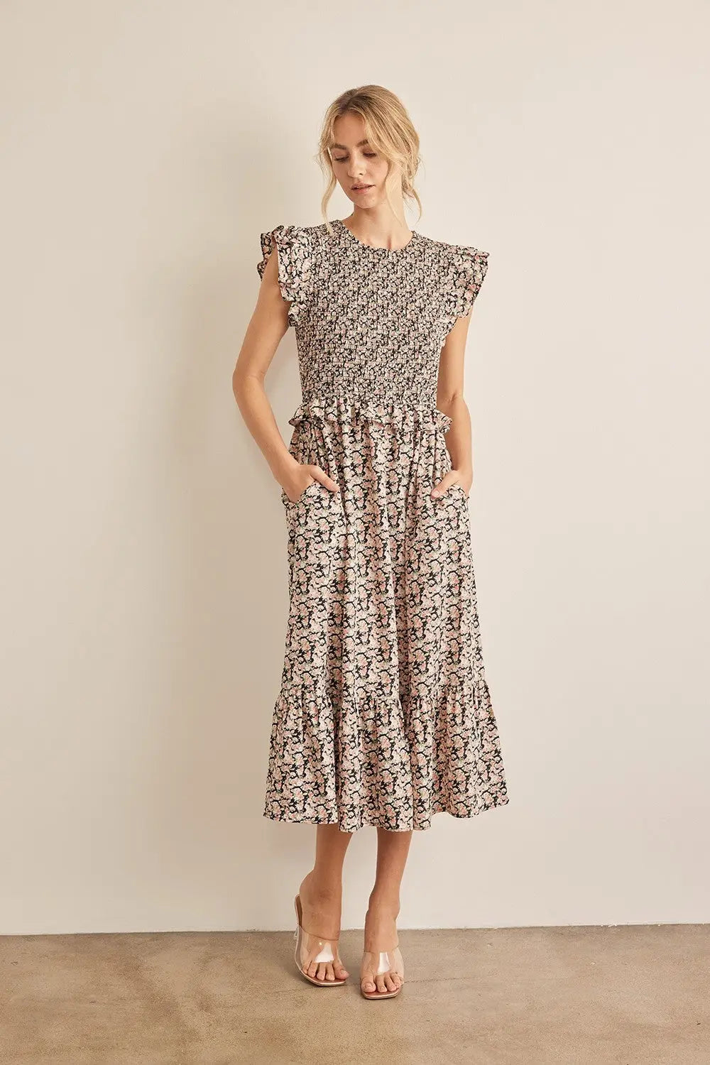 In February Floral Smocked Ruffled Midi Dress-Very Besty
