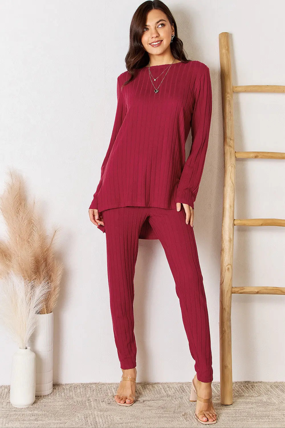 Basic Bae Full Size Ribbed Round Neck High-Low Slit Top and Pants Set-Very Besty