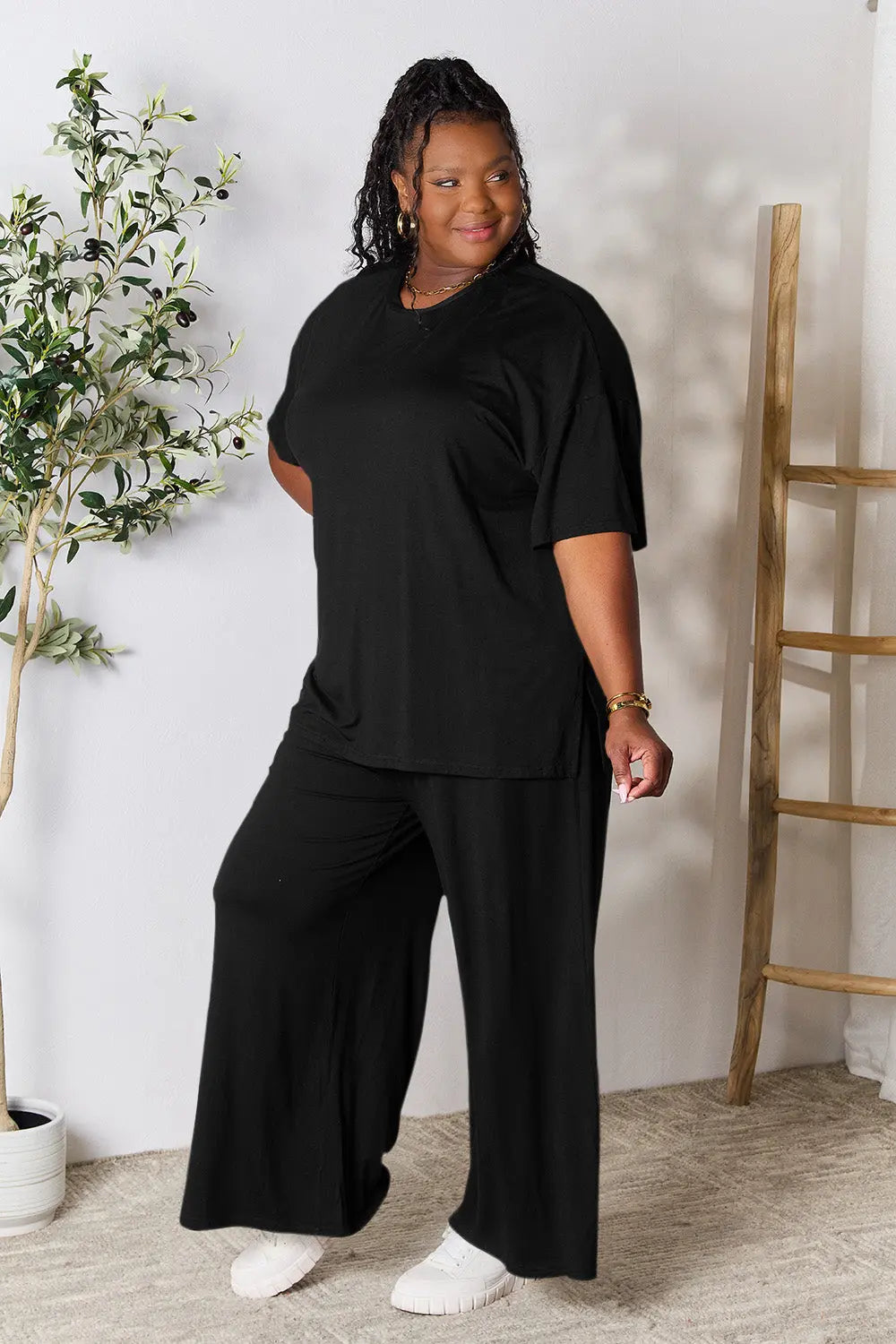 Double Take Full Size Round Neck Slit Top and Pants Set-Very Besty