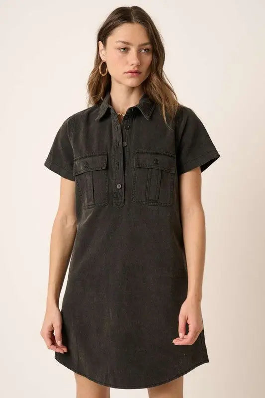 Mittoshop Button Detail Collared Neck Short Sleeve Shirt Dress-Very Besty