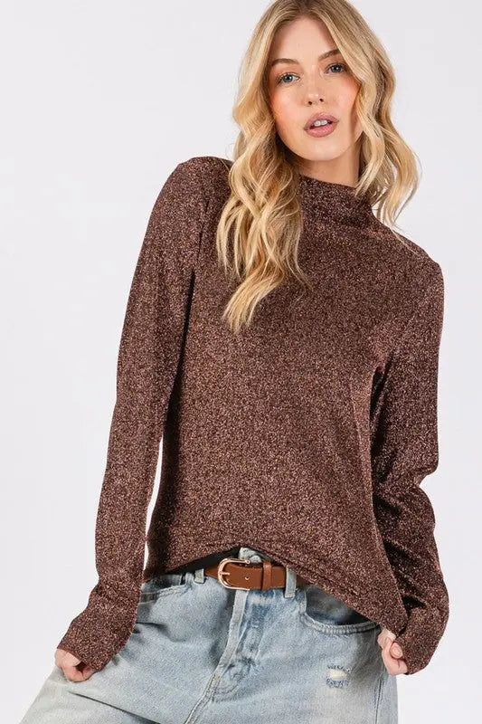 SAGE + FIG Glitter Mock Neck Lettuce Hem Long Sleeve Top-Very Besty