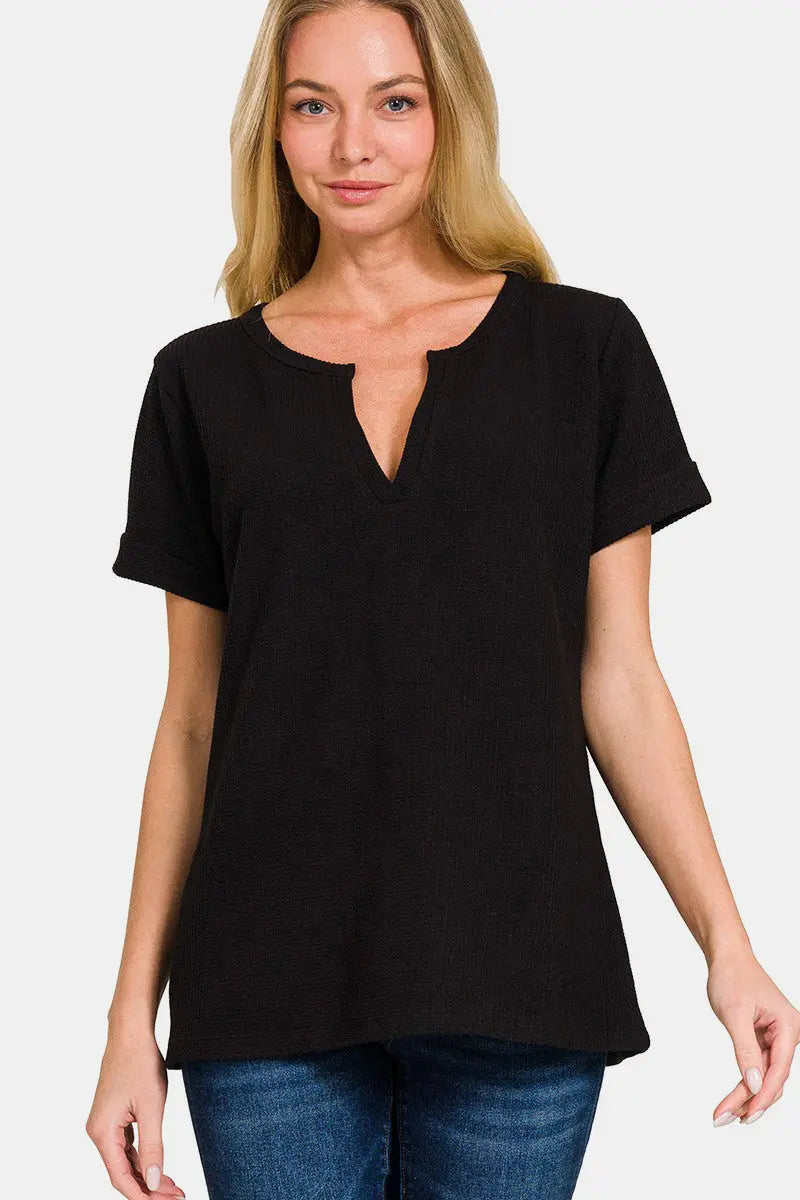 Zenana Notched Short Sleeve Waffle T-Shirt-Very Besty
