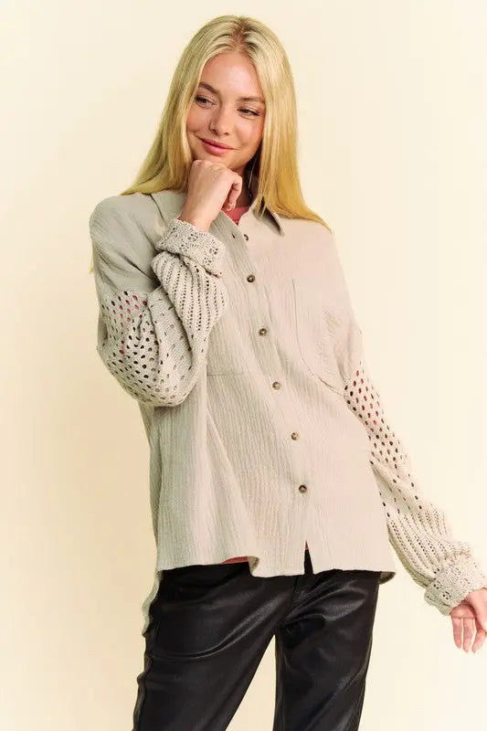 Davi & Dani Crochet Sleeve Crinkled Texture Shirt-Very Besty