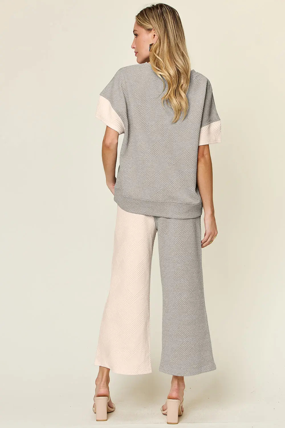 Double Take Full Size Texture Contrast T-Shirt and Wide Leg Pants Set-Very Besty