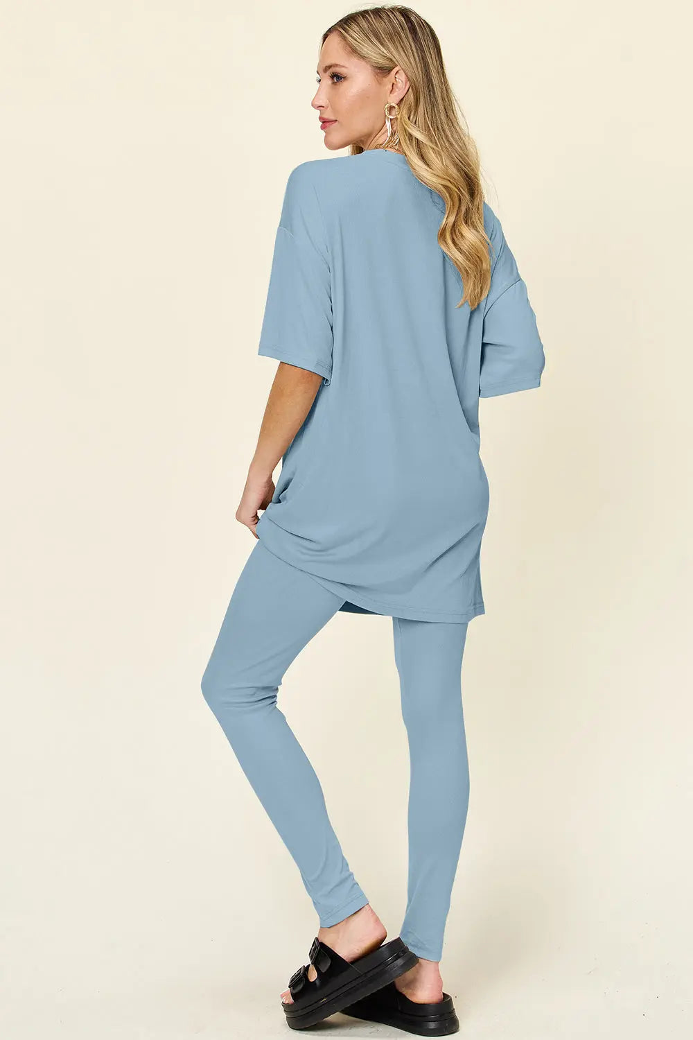Double Take Full Size Round Neck Dropped Shoulder T-Shirt and Leggings Set-Very Besty