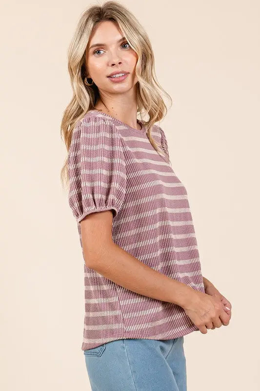 Mittoshop Contrast Striped Short Puff Sleeve Knit Top-Very Besty