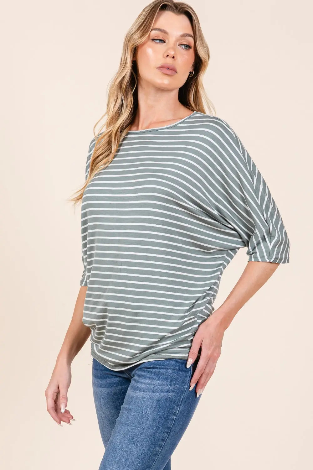 BOMBOM Striped Boat Neck Dolman Sleeve Top-Very Besty