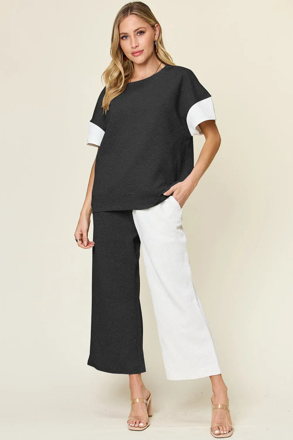 Double Take Full Size Texture Contrast T-Shirt and Wide Leg Pants Set-Very Besty