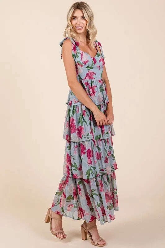 Mittoshop Layered Floral Sweetheart Neck Maxi Dress-Very Besty