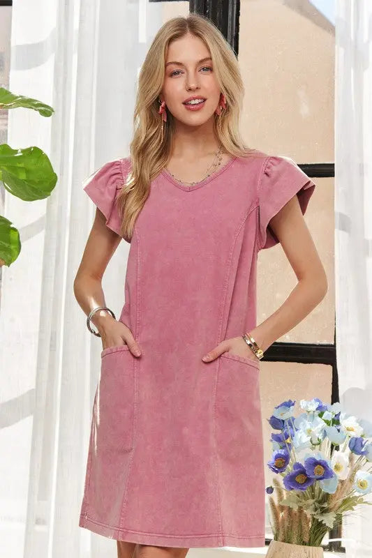 ADORA Mineral Washed V-Neck Ruffled Cap Sleeve Dress-Very Besty