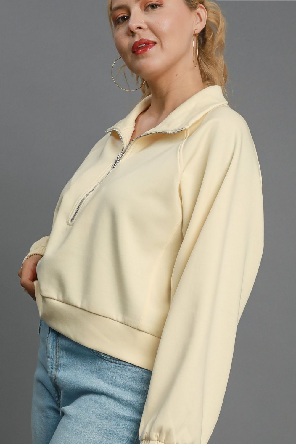 Umgee Full Size Half Zip Cropped Sweatshirt Plus Size-Very Besty