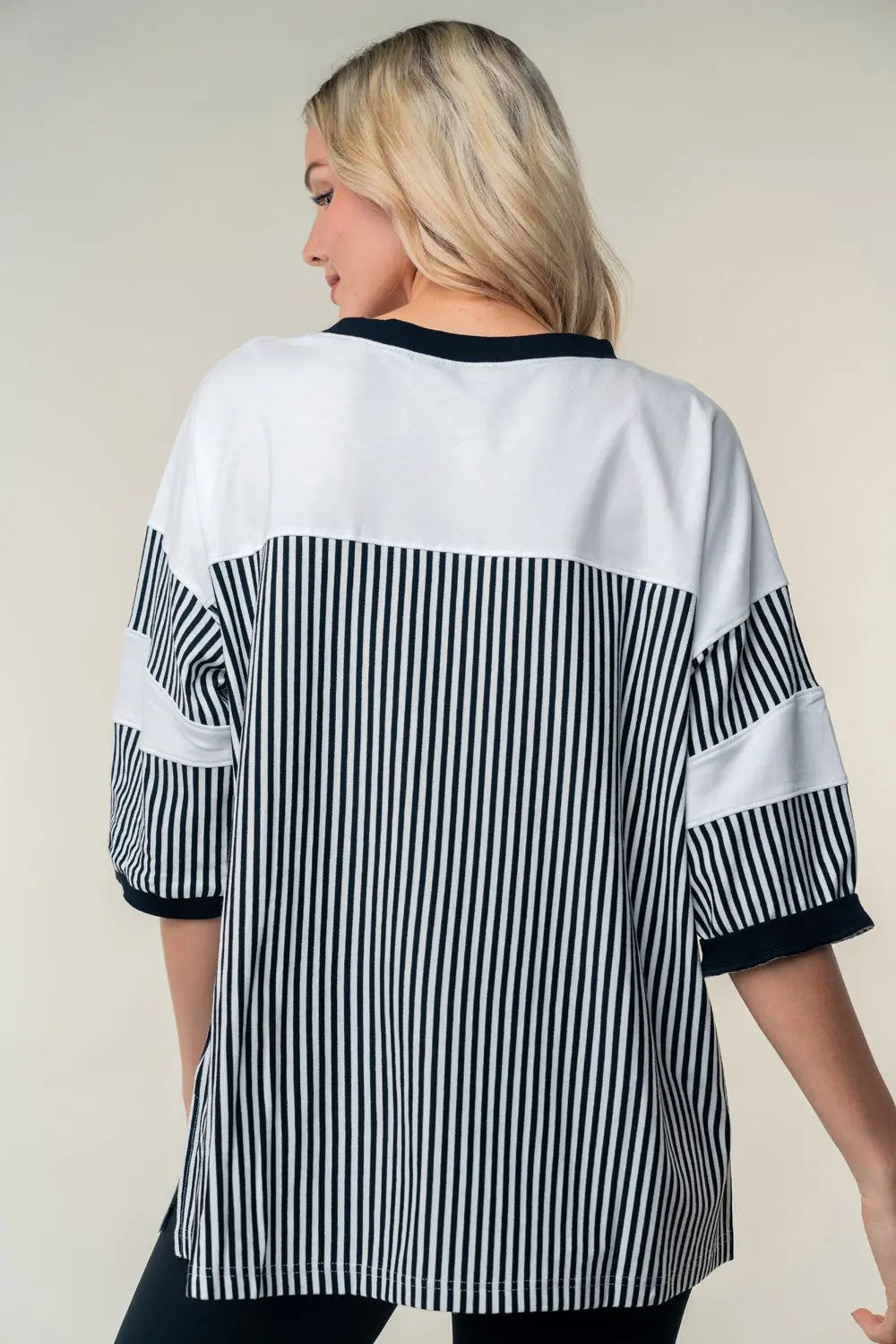 White Birch Full Size Striped Contrast Round Neck Top-Very Besty