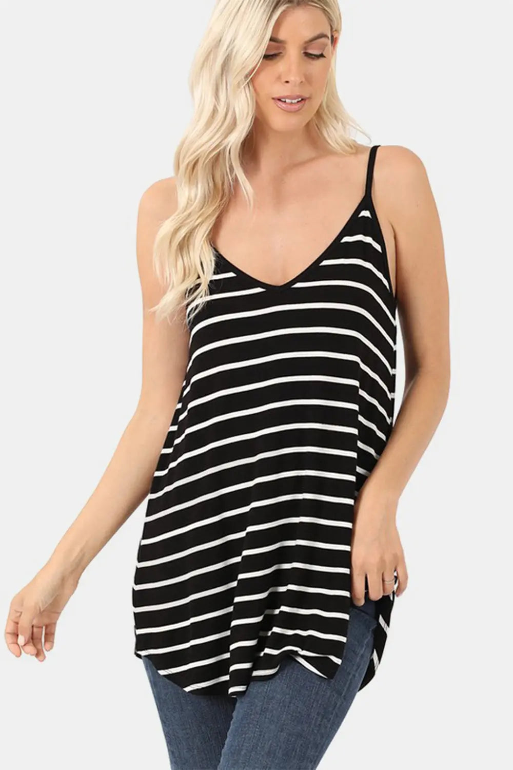 Zenana Striped V-Neck Curved Hem Cami-Very Besty