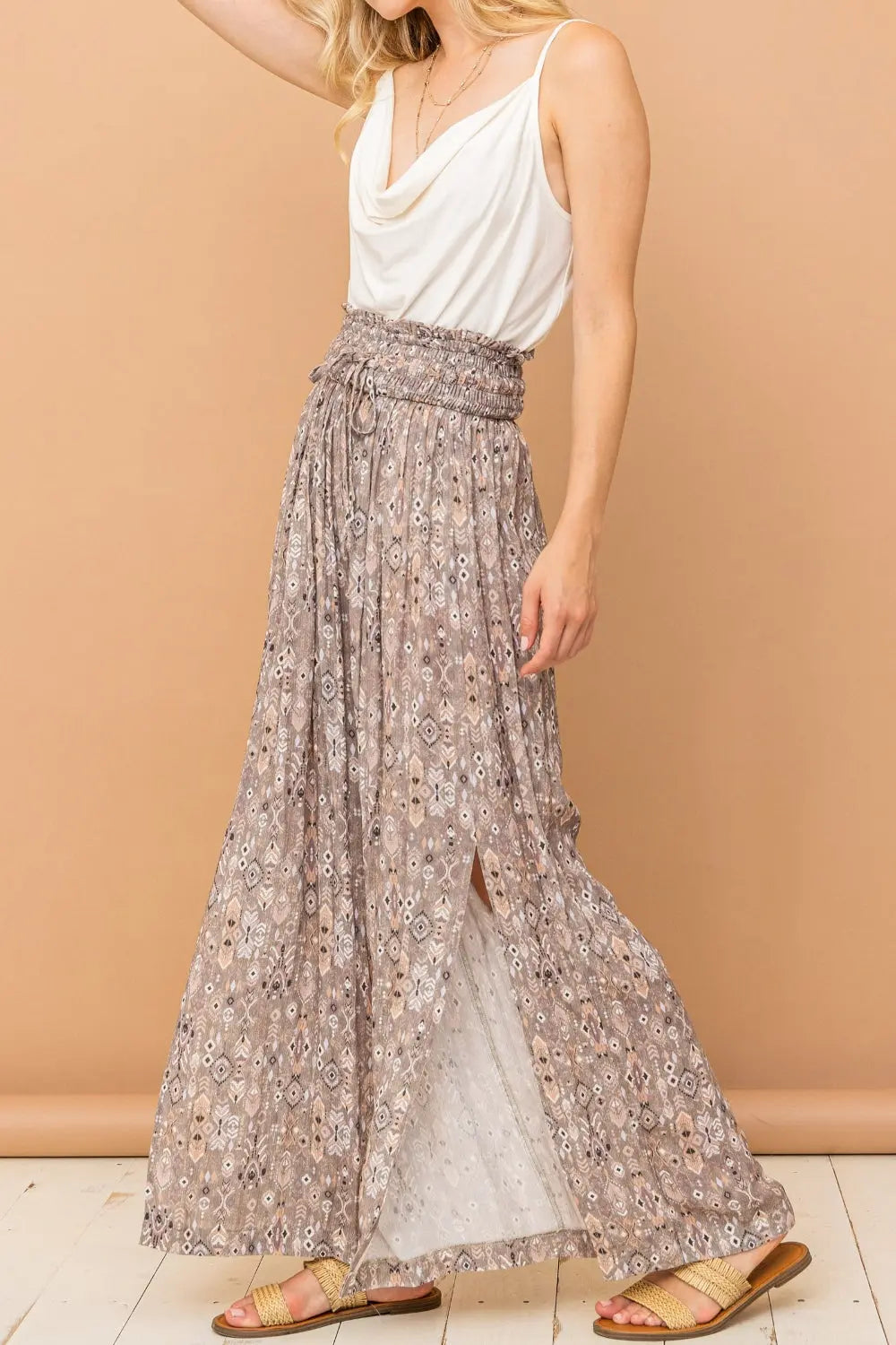 And The Why Printed Smocked Waist Slit Wide Leg Pants-Very Besty