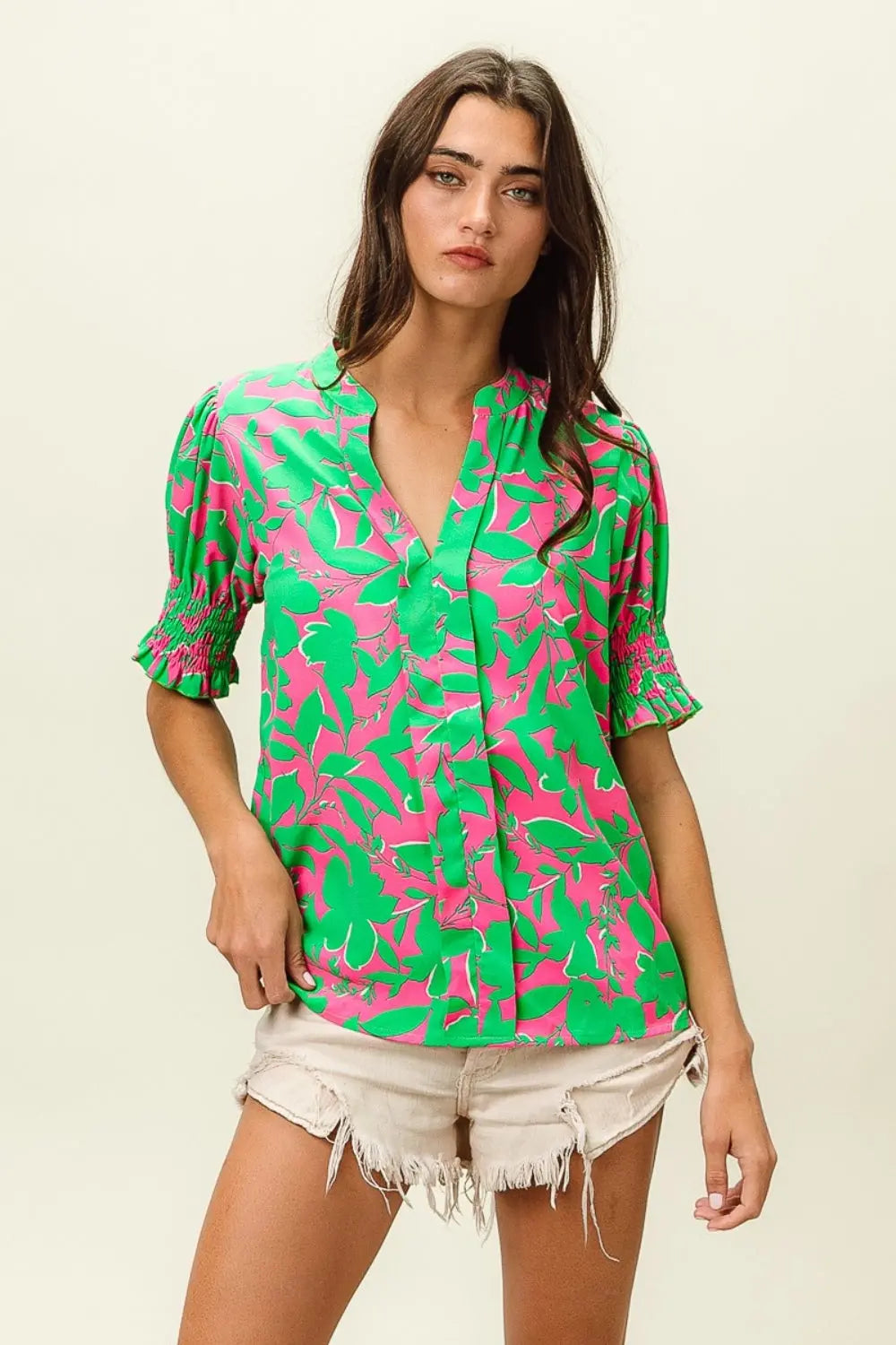 BiBi Smocked Cuff Floral Contrast Top-Very Besty