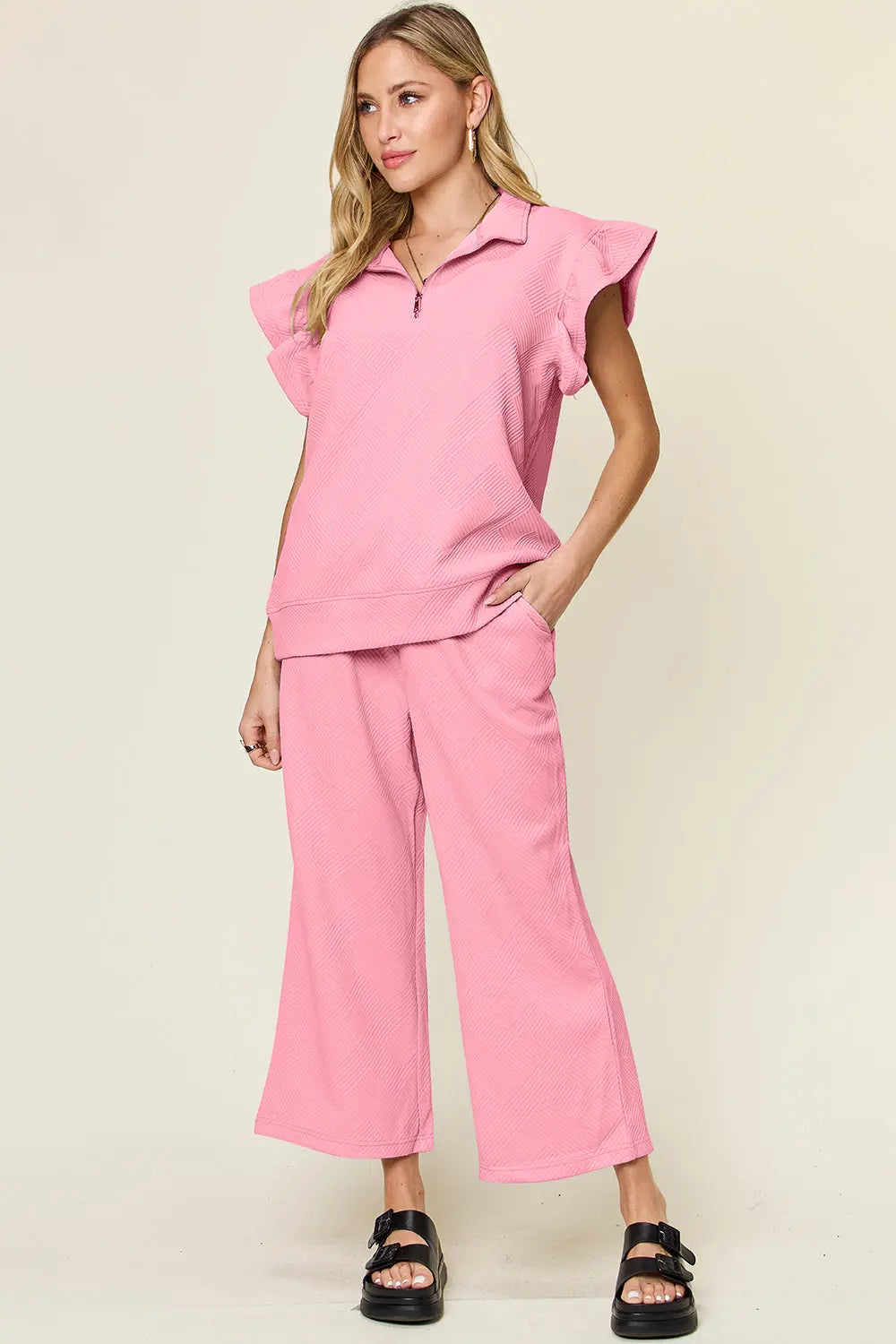 Double Take Texture Ruffle Short Sleeve Top and Drawstring Wide Leg Pants Set-Very Besty