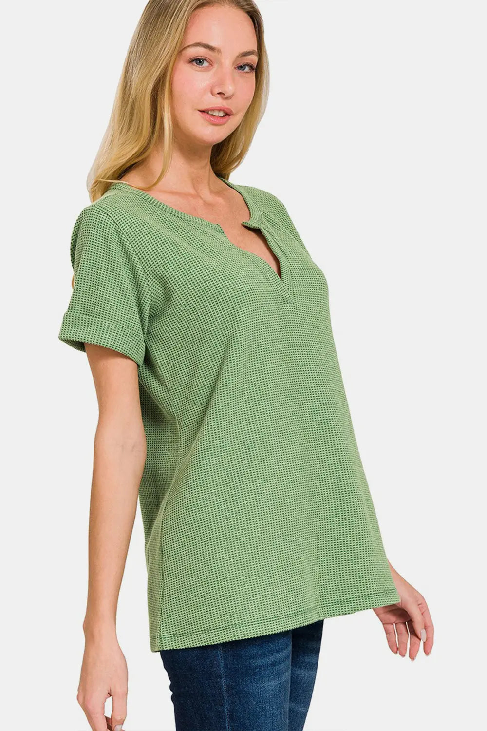 Zenana Waffle Notched Short Sleeve T-Shirt-Very Besty