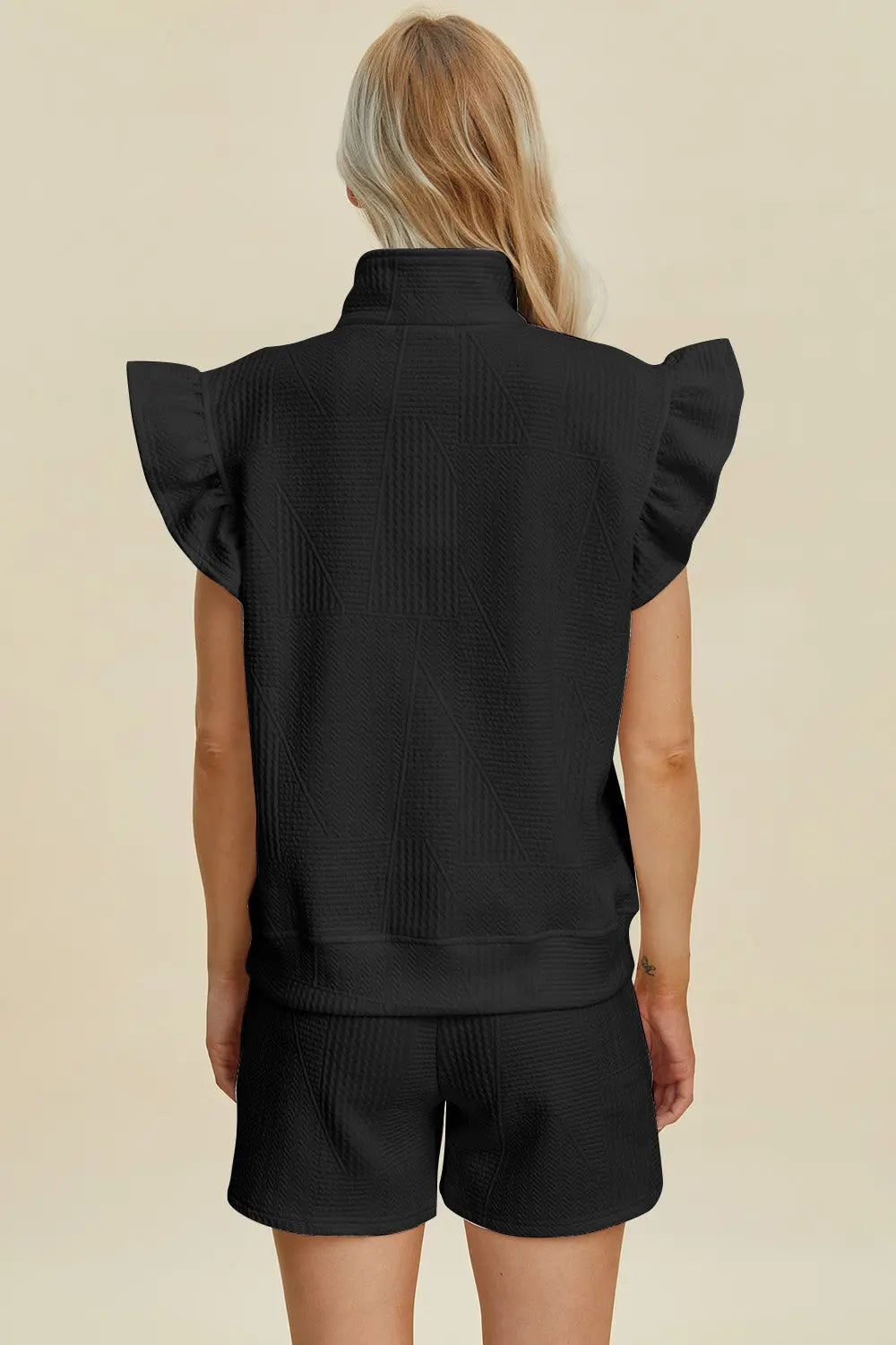 Double Take Full Size Texture Flounce Sleeve Top and Shorts Set-Very Besty
