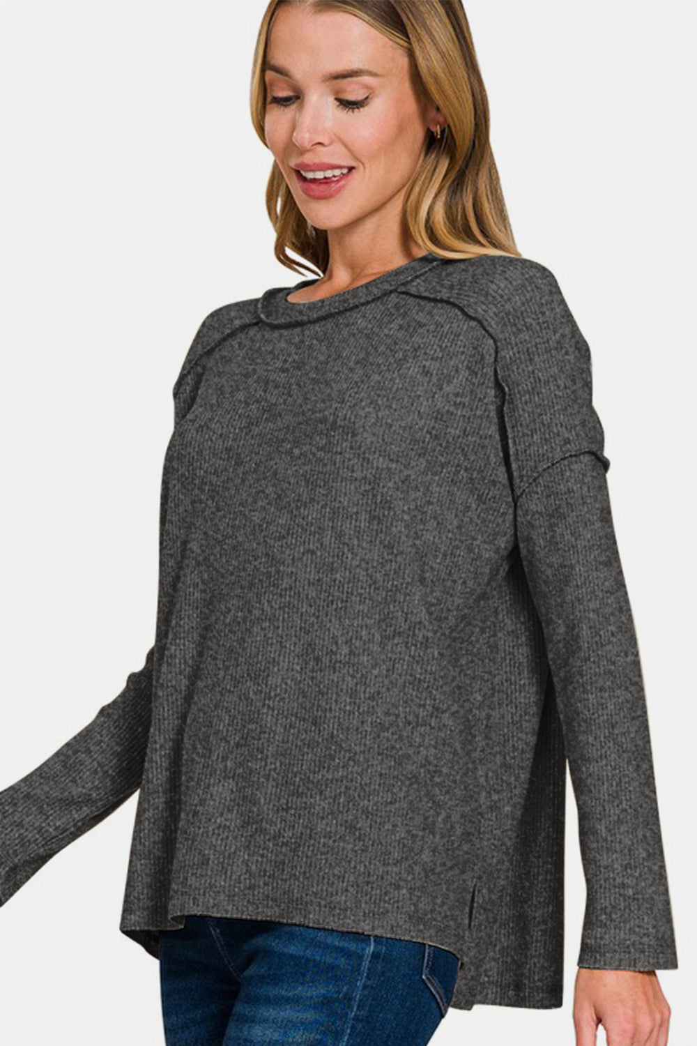 Zenana Full Size Exposed Seam Brushed Round Neck Sweater-Very Besty
