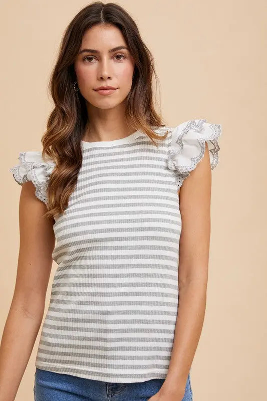 Annie Wear Ruffled Striped Round Neck Cap Sleeve Knit Top-Very Besty