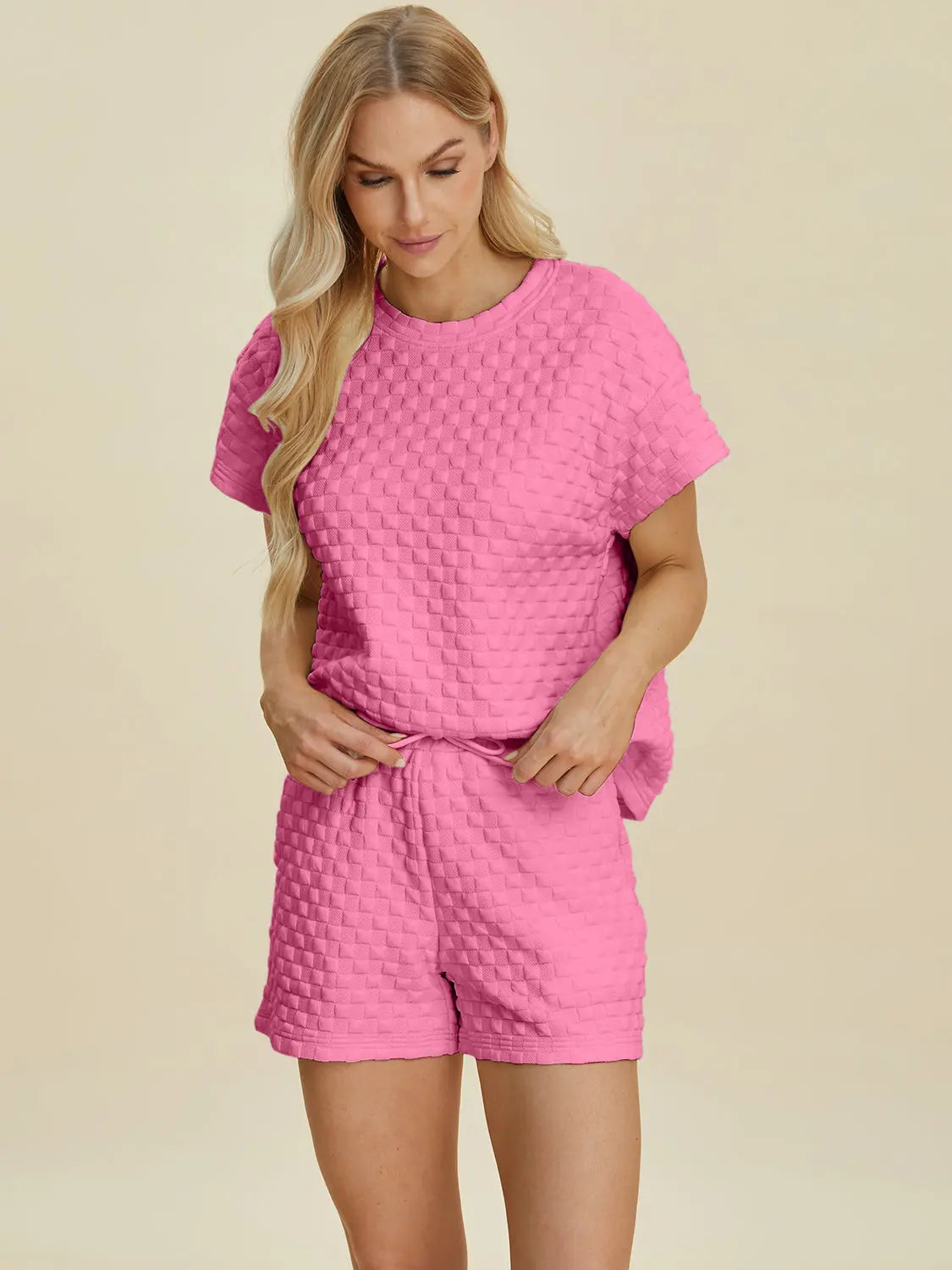 Double Take Full Size Texture T-Shirt and Shorts Set-Very Besty