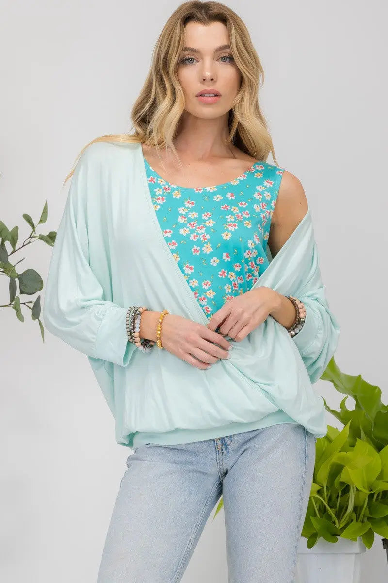 Celeste Full Size Floral Round Neck Top with Two Layer Detail-Very Besty