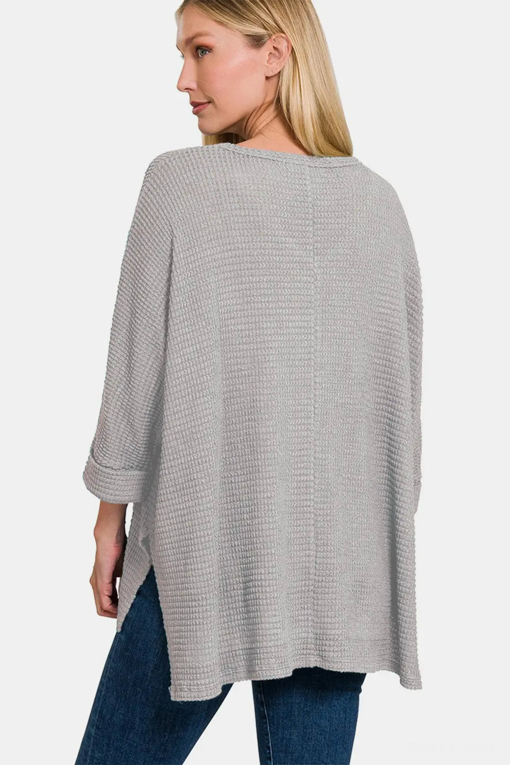 Zenana Waffle Knit V-Neck Long Sleeve Slit Top-Very Besty