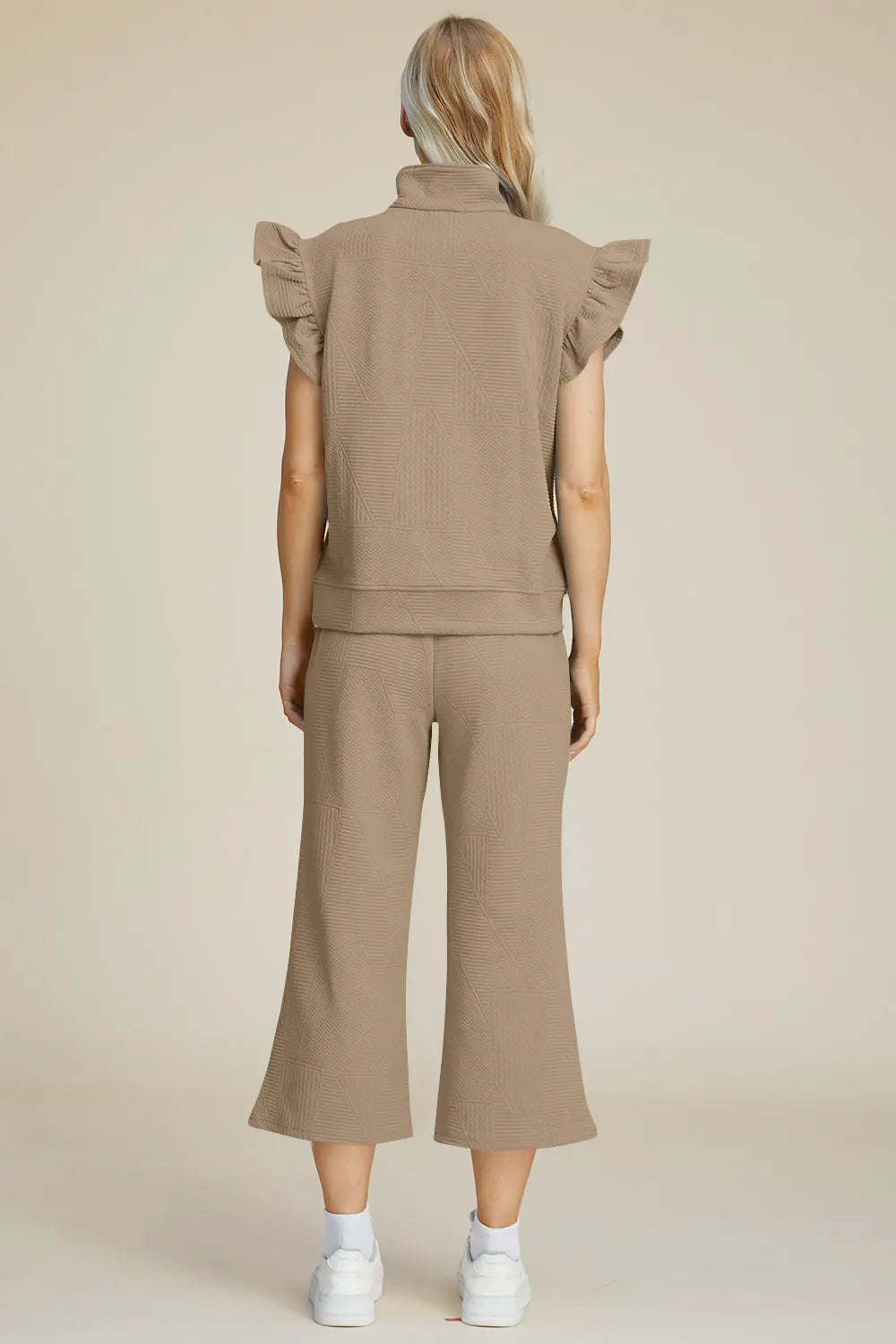 Double Take Full Size Texture Ruffle Short Sleeve Top and Wide Leg Pants Set-Very Besty