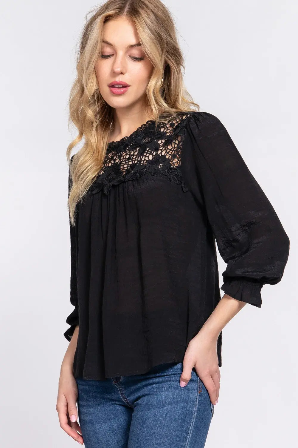 ACTIVE BASIC Crochet Lace Panel Flounce Sleeve Blouse-Very Besty