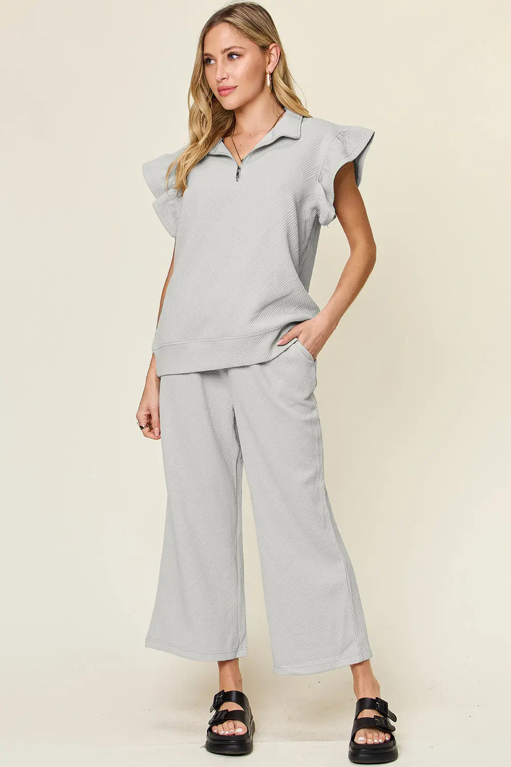 Double Take Texture Ruffle Short Sleeve Top and Drawstring Wide Leg Pants Set-Very Besty