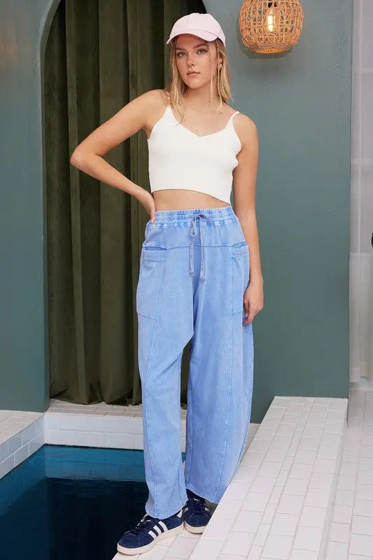 Mittoshop Mineral Wash Elastic Waist Baarrel Leg Baggy Pants-Very Besty