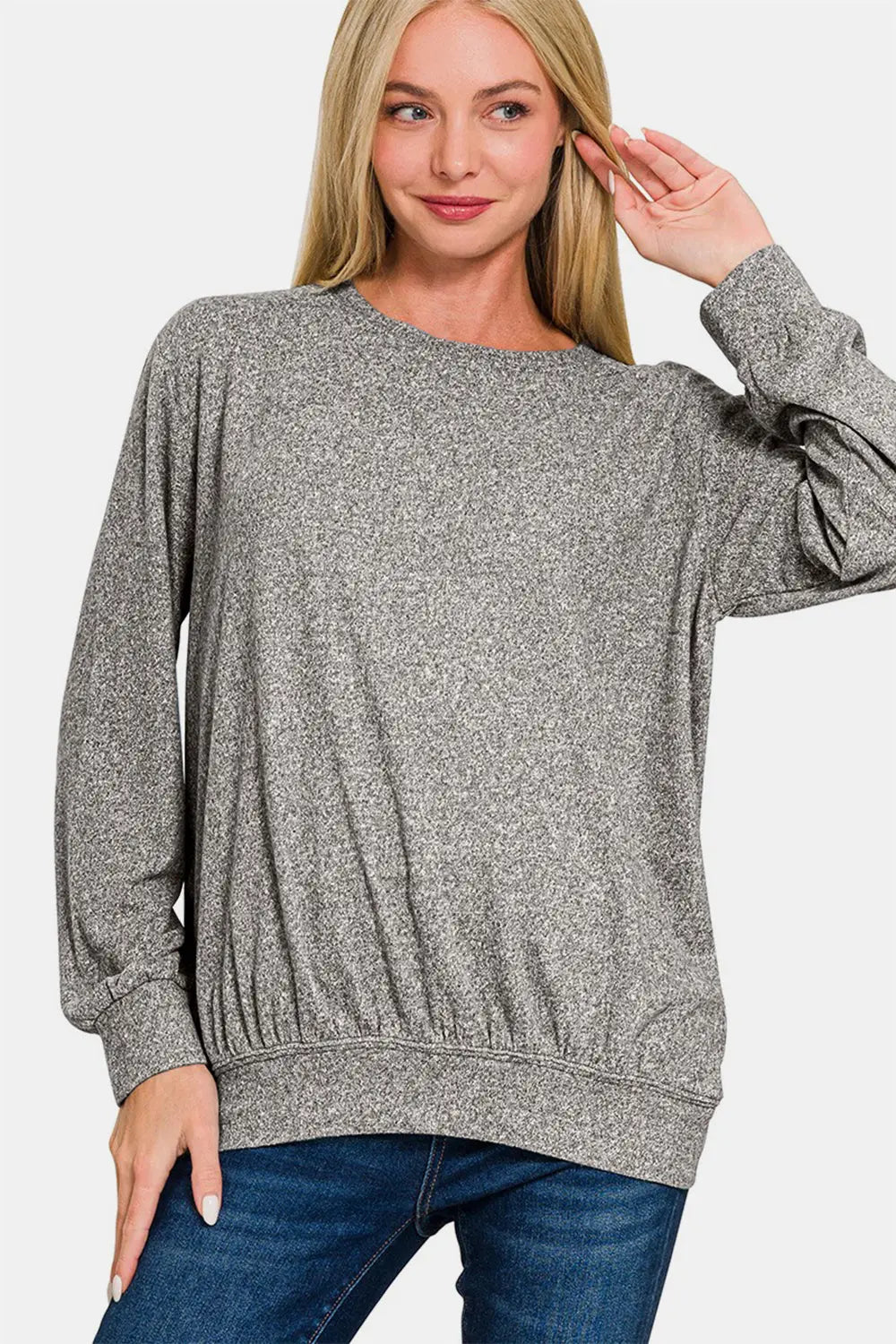 Zenana Full Size Melange Round Neck Top-Very Besty