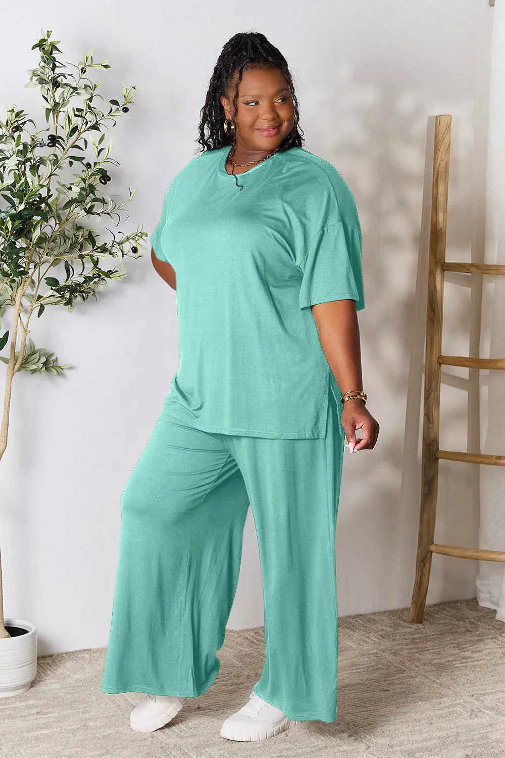 Double Take Full Size Round Neck Slit Top and Pants Set-Very Besty