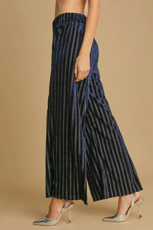 Umgee Full Size Elastic Waist Striped Wide Leg Velvet Pants-Very Besty