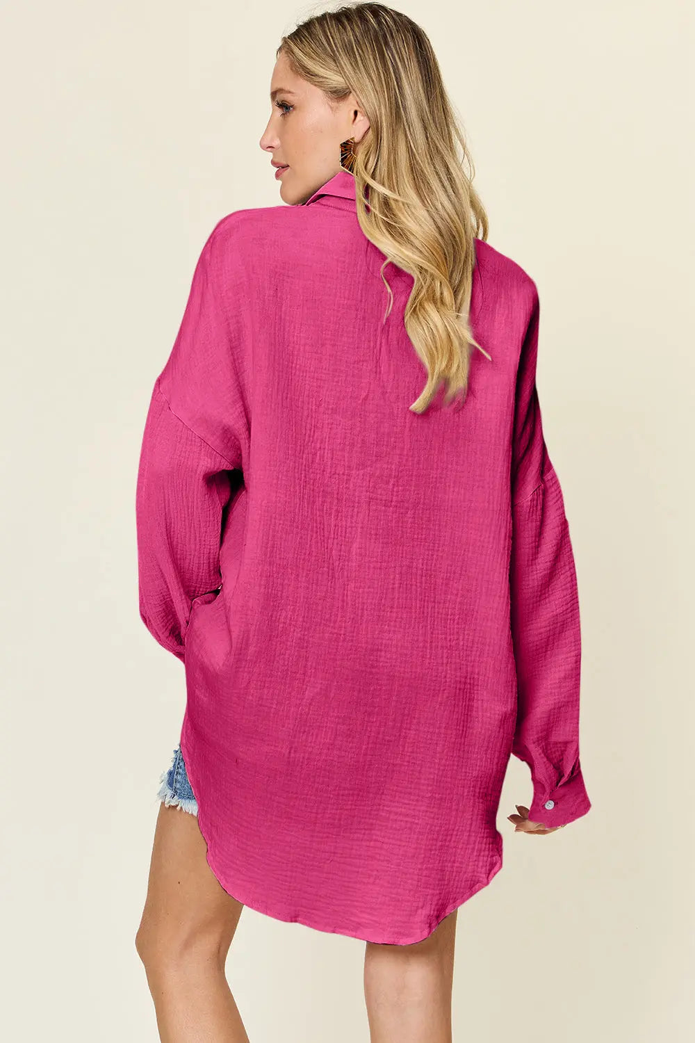 Double Take Full Size Pocketed Texture Button Up Shirt-Very Besty