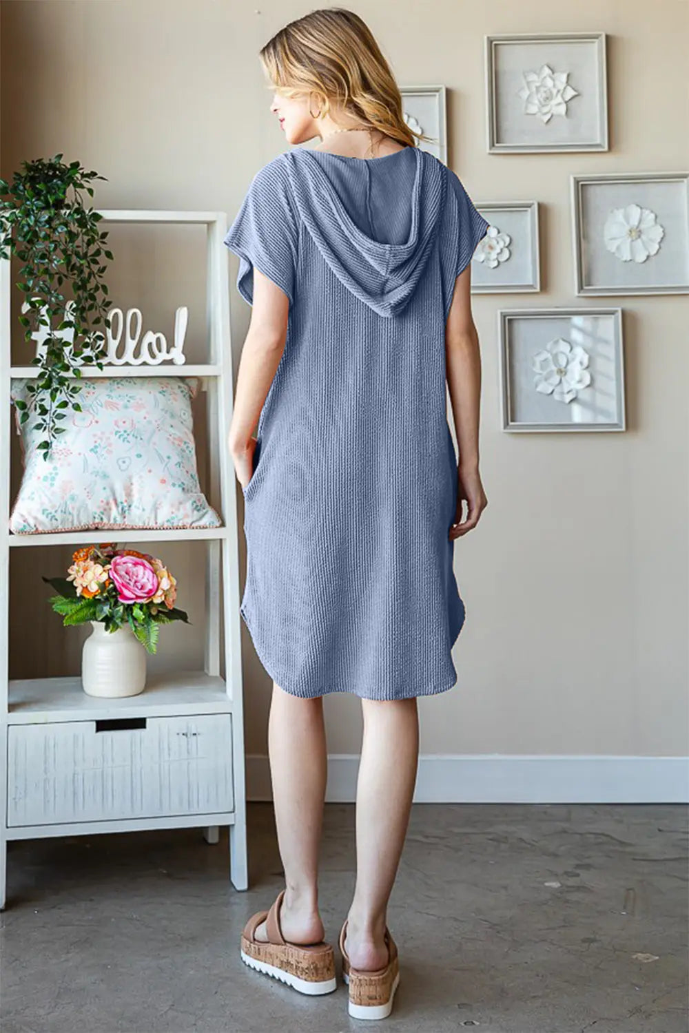 Heimish Full Size Ribbed Short Sleeve Hooded Dress-Very Besty