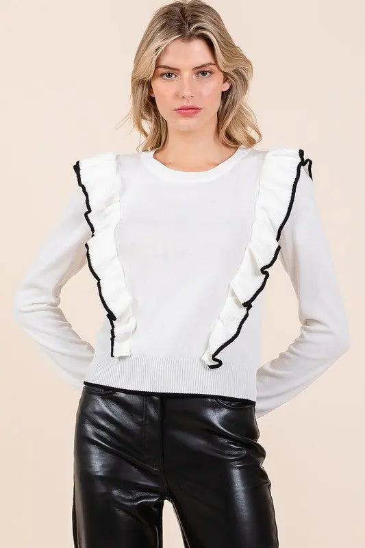 Mittoshop Contrast Trim Ruffled Round Neck Knit Top-Very Besty