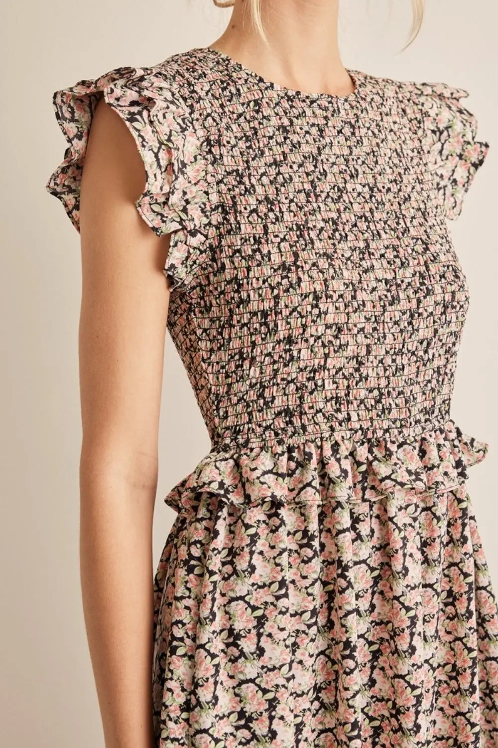 In February Floral Smocked Ruffled Midi Dress-Very Besty