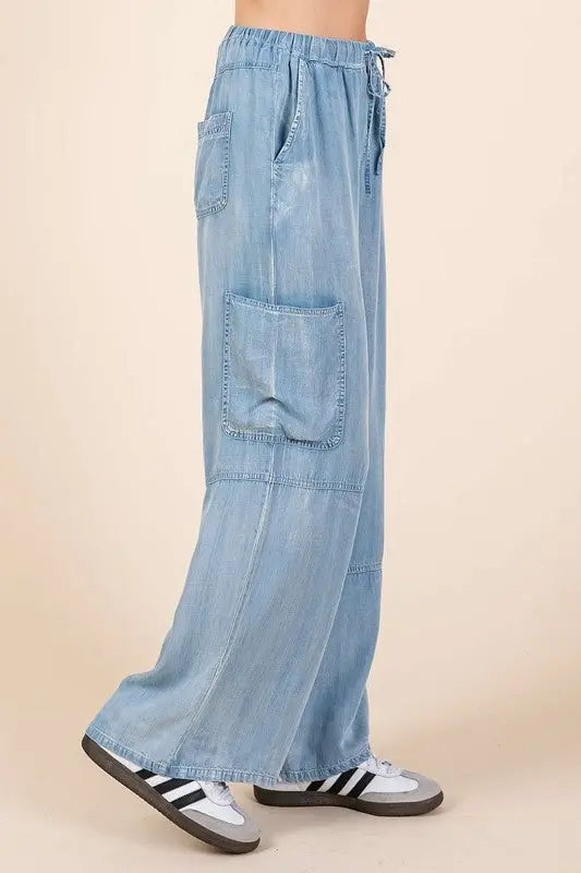Mittoshop Washed Elastic Waist Cargo Wide Leg Pants-Very Besty