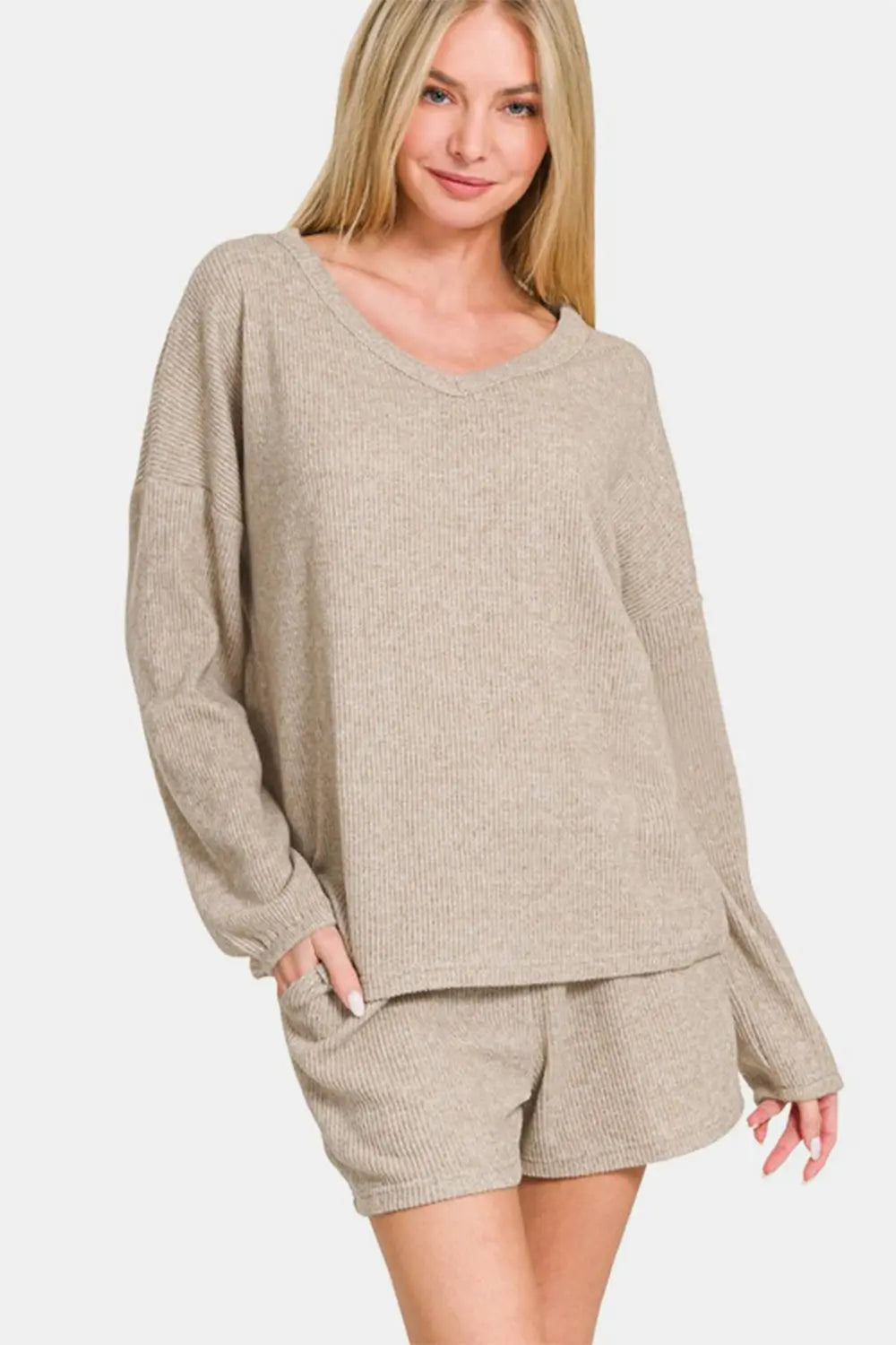 Zenana V-Neck Long Sleeve Ribbed Top and Shorts Set-Very Besty