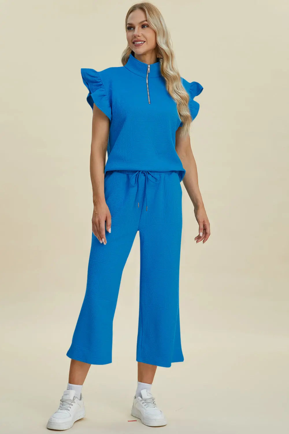 Double Take Full Size Texture Ruffle Short Sleeve Top and Wide Leg Pants Set-Very Besty